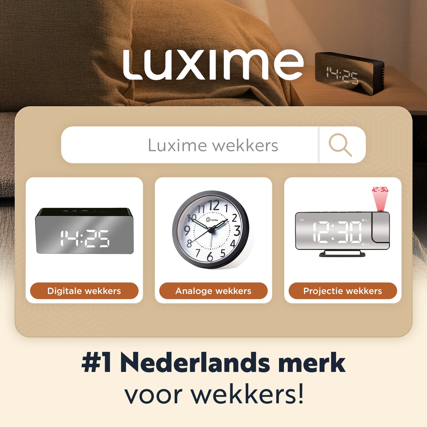 Overzicht van Luxime wekkers assortiment digitaal analoog en projectie