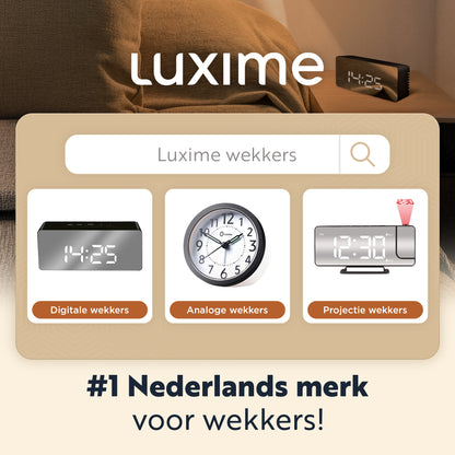 Overzicht van Luxime wekkers assortiment digitaal analoog en projectie