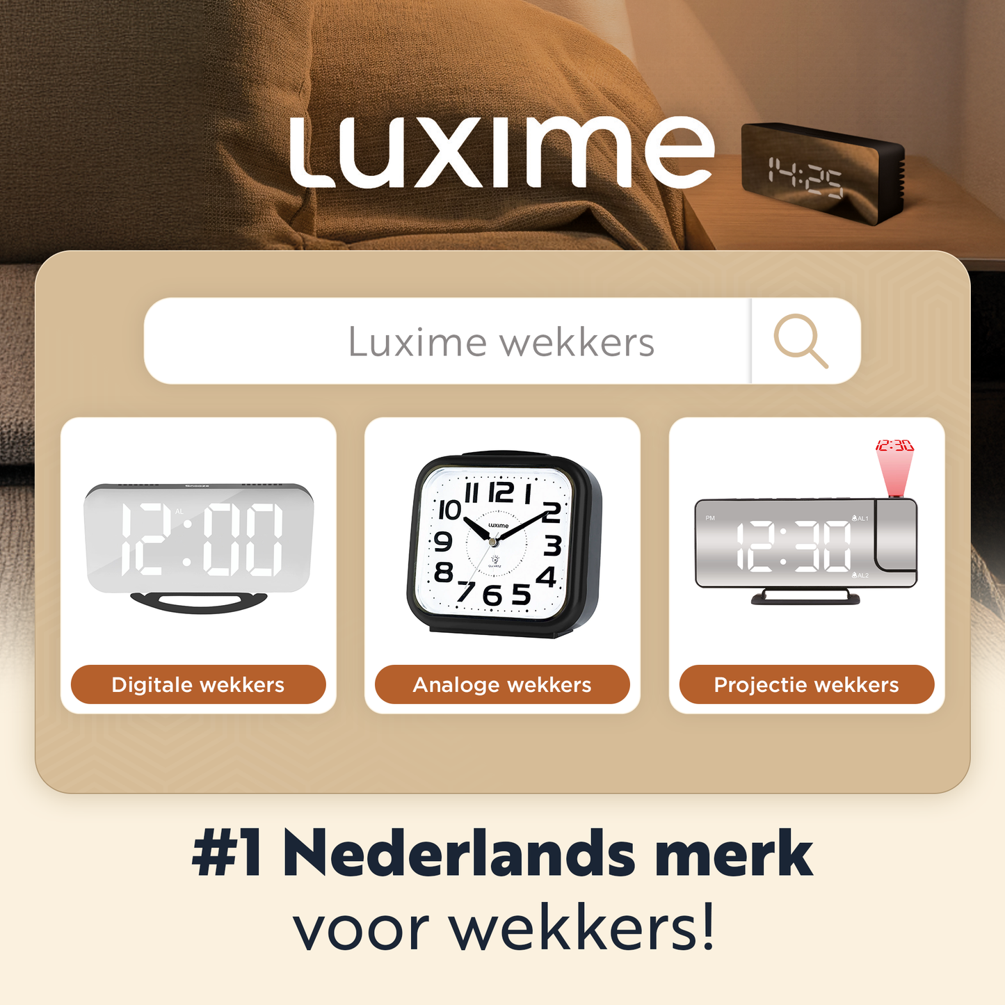 Overzicht van Luxime wekkers met digitale, analoge en projectie modellen als Nederlands merk
