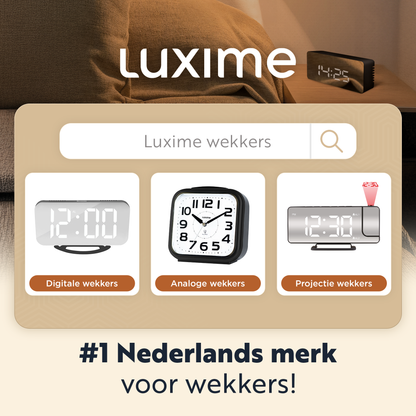 Overzicht van Luxime wekkers met digitale, analoge en projectie modellen als Nederlands merk